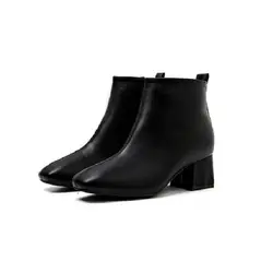 Осень-зима 2018, Новые короткие ботинки с квадратным носком на толстой подошве, бархатные женские ботинки с боковой молнией, черные ljj 0219