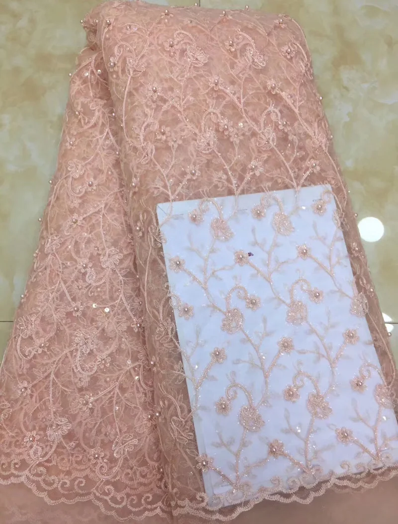 

Free shipping (5yards/pc) peach African tulle lace delicate French net lace fabric with embroidery and beads for dress FZZ004
