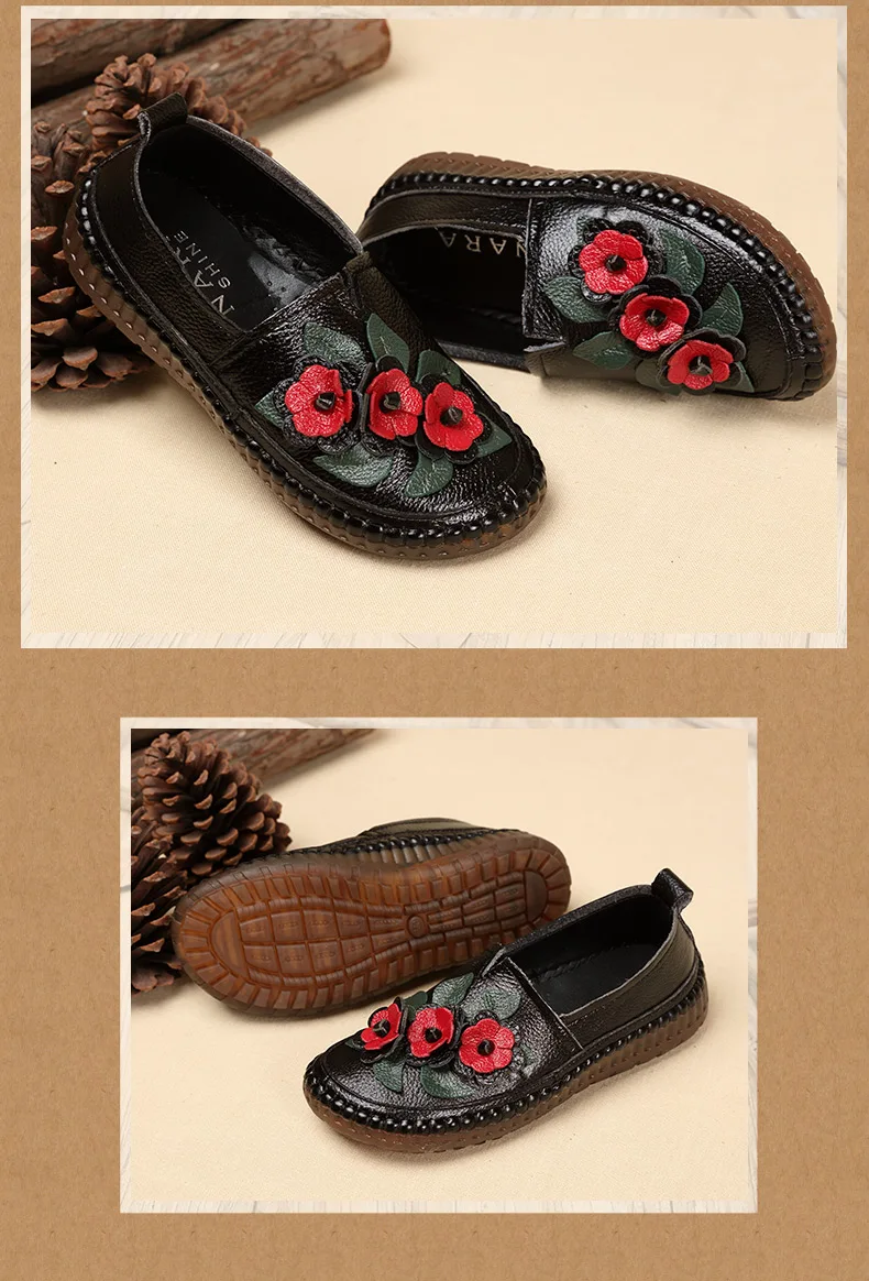 OUKAHUI/Лоферы ручной работы из натуральной кожи в стиле ретро; обувь на плоской подошве; Женская Весенняя Мягкая Повседневная обувь на плоской подошве с круглым носком и аппликацией