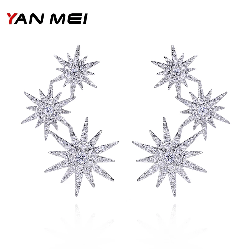 

YANMEI Full Rhinestone Stud Earrings For Women Big 3 Piece Luxury Stars AAA Cubic Zirconia Pendientes Mujer Jewelry YME6074Y