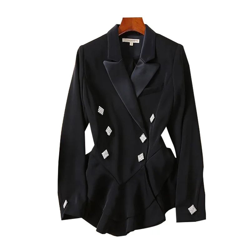 Star of The Same 2019 Spring New Black Waist Show Thin Lotus Leaf Hem Small Suit Inverness Jacket Women Blazers and Jackets