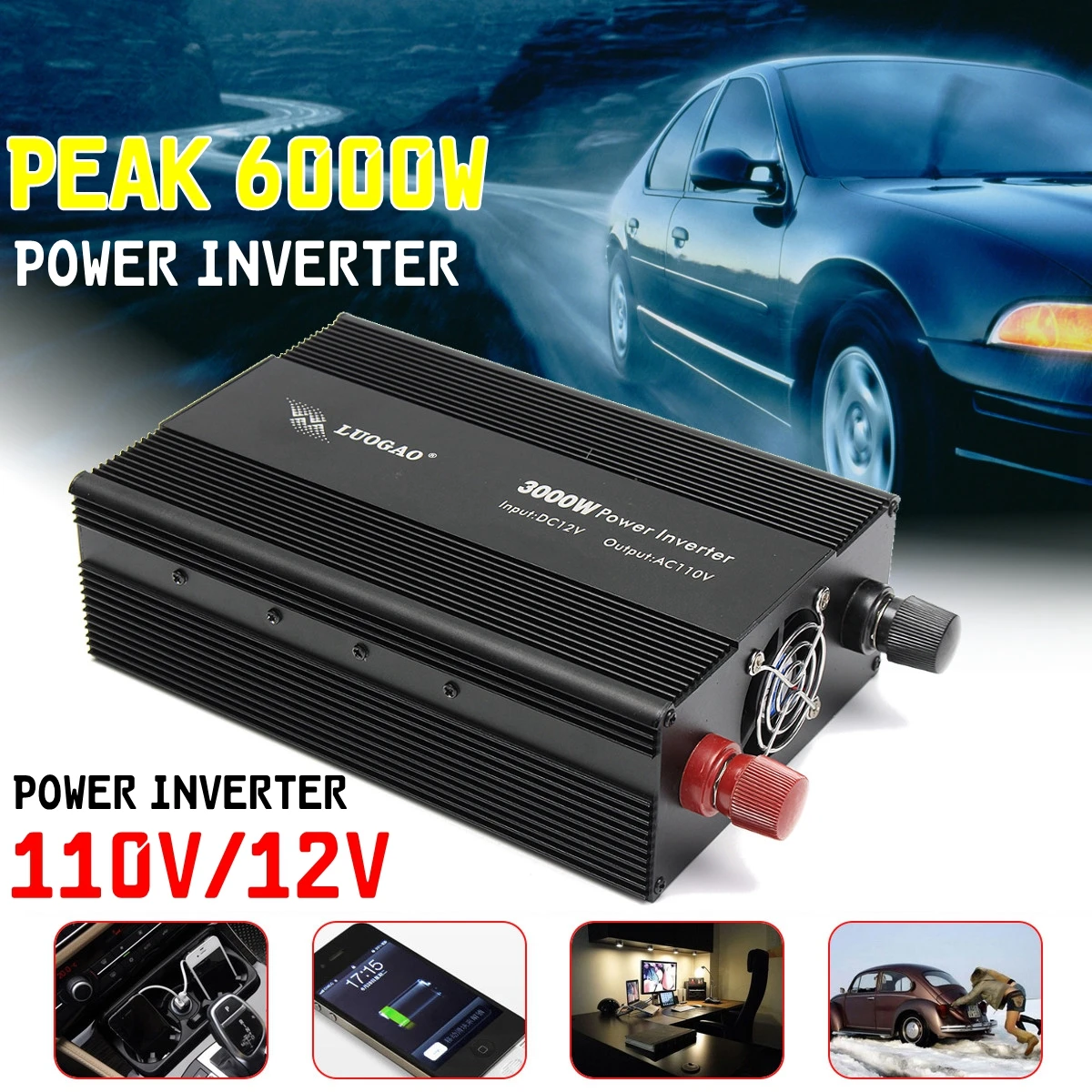 

Power Inverter 12V 220V/110V 3000W Peak- 6000W Voltage transformer DC 12V To AC 220V /110V Adapter Charger Modified Sine Wave