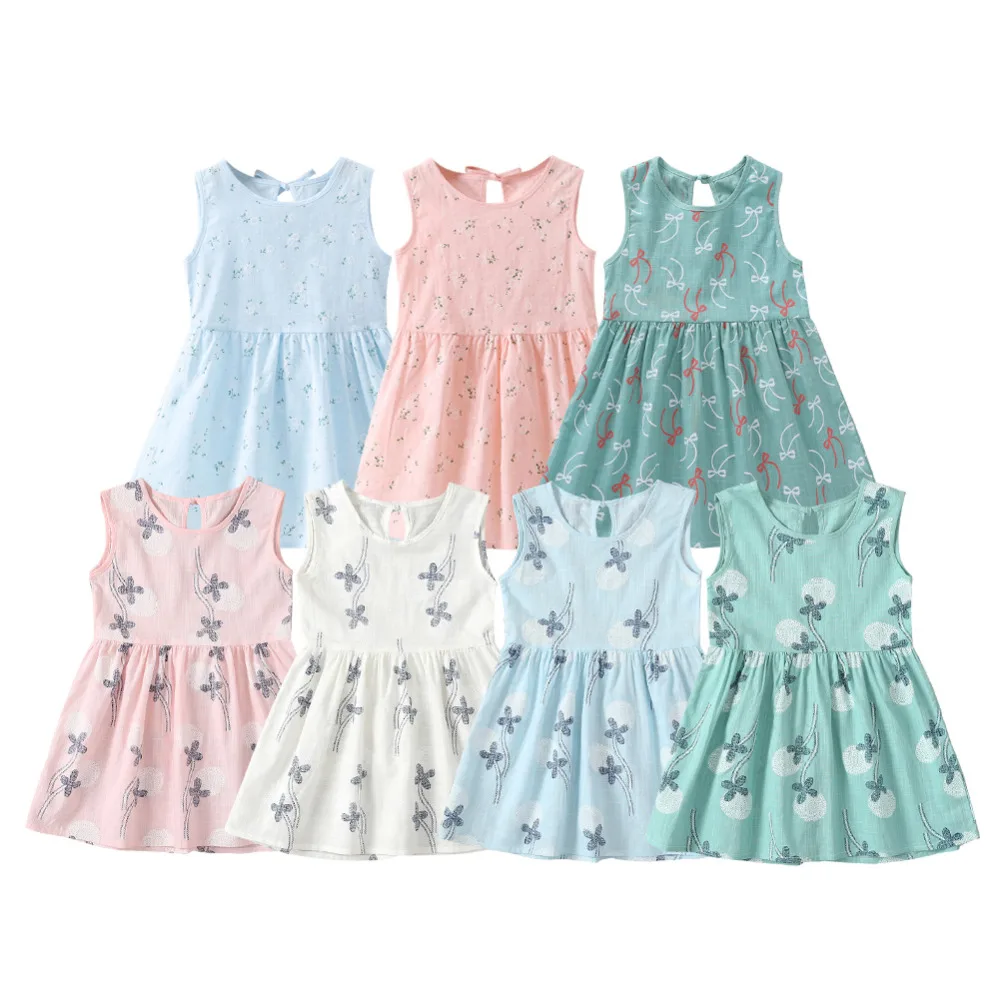 

Summer Kids Girls Sleeveless Dress Leaves Print Princess Dress Baby Cotton Linen Outfits