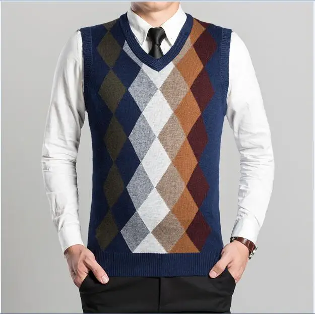 Новое поступление модный дизайн мужской v-образный вырез алмаз Аргайл узор кашемировый свитер жилет - Цвет: Синий