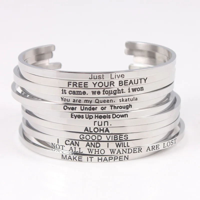 

2017 New Stainless Steel Bangles Engraved Positive Inspirational Quote Hand Stamped Cuff Mantra Bracelet For Women Best Gifts