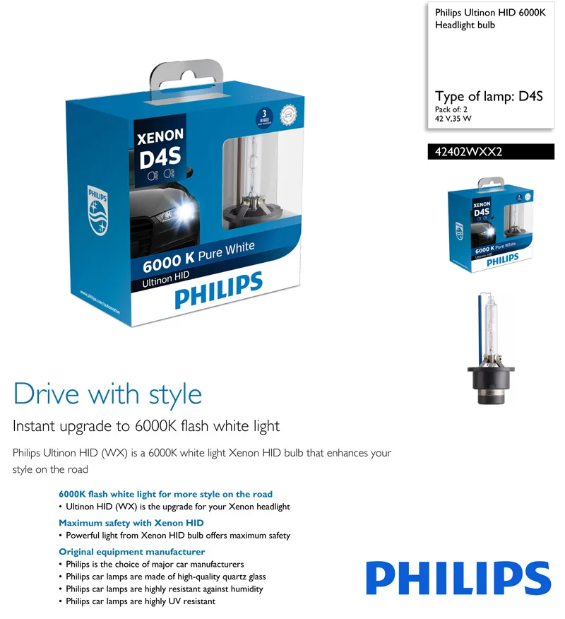 Philips Ultinon HID D4S 42402WXX2 35W 6000K холодный белый светильник ксенон HID головной светильник автомобильная лампа авто стиль лампы(двойная упаковка