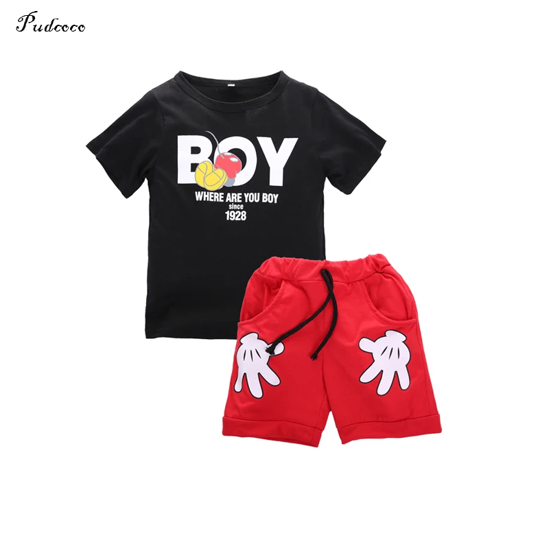 

2017 Toddler Kids Baby Boy Cartoon Small Hands Printed 2pcs Tops Short Sleeve T Shirt Bottom Pant Outfits Clothes Sets 2-7 Years