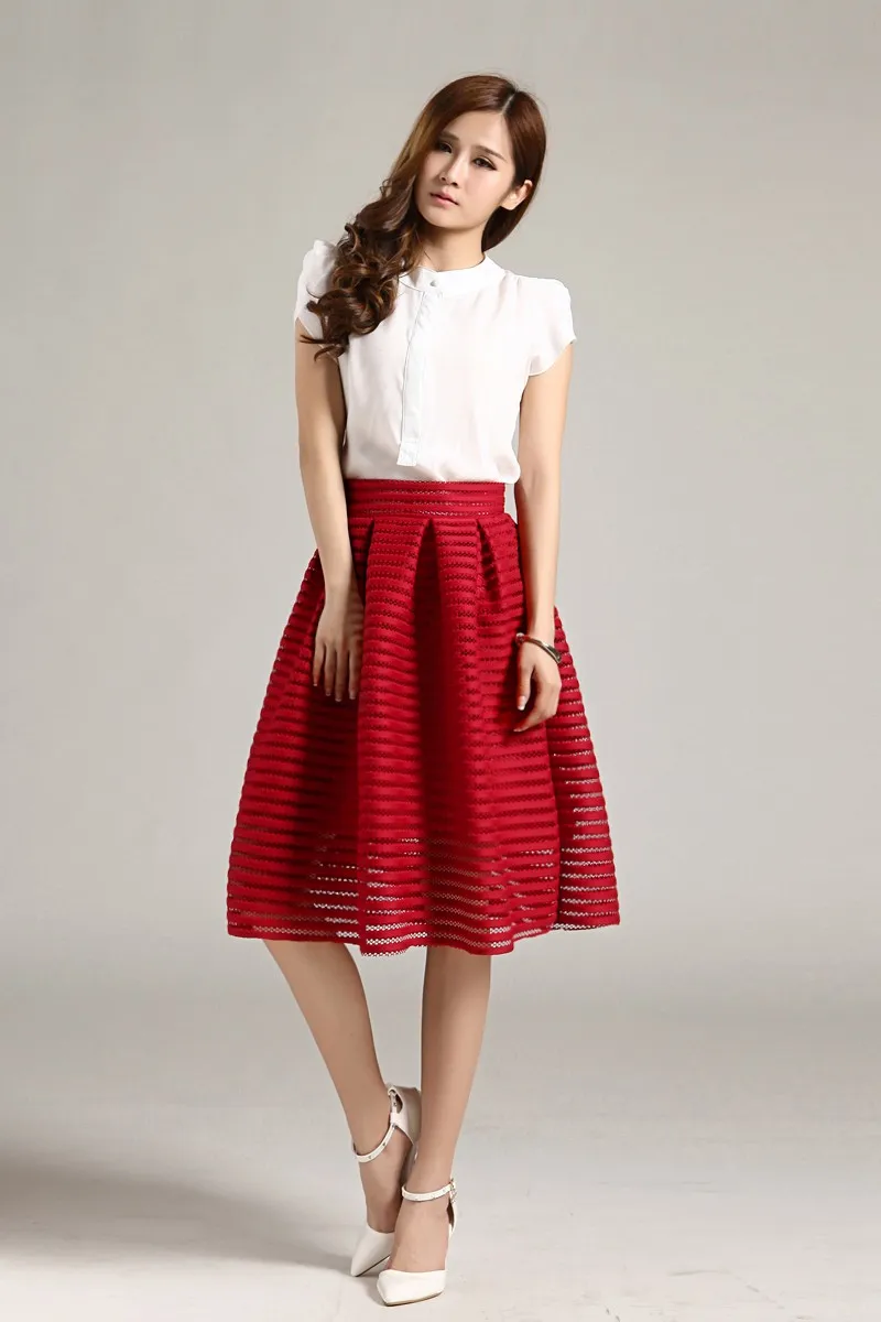 Летняя стильная винтажная юбка большого размера, однотонные красные женские юбки, повседневные пышные плиссированные женские бальные длинные юбки