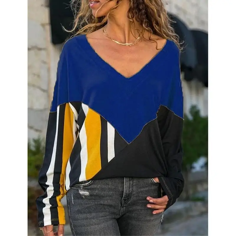 Женские футболки с длинным рукавом и v-образным вырезом, цветной пуловер в стиле пэчворк, повседневные женские осенние Топы SJ3464X