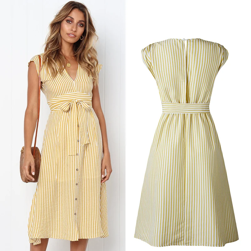 

2019 Summer New Arrival Fashion Dress V-Neck Sleeveless Dress A-Line Mid-calf Length Causal Style