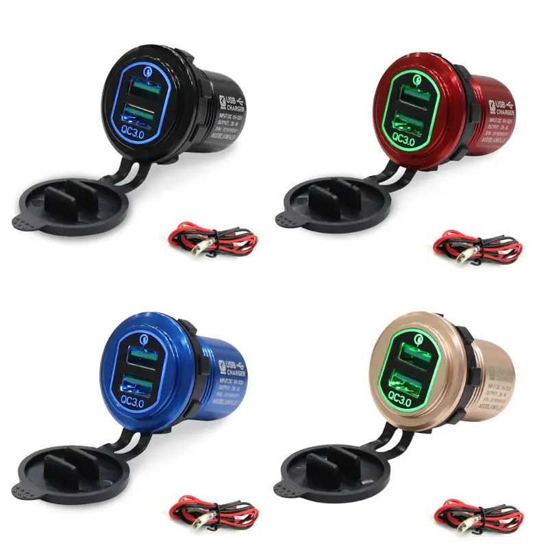 

Aluminum Motorcycle Boat 12V/24V QC 3.0 Dual USB Car Charger Power Adapter for Smartphone Tablet PC GPS