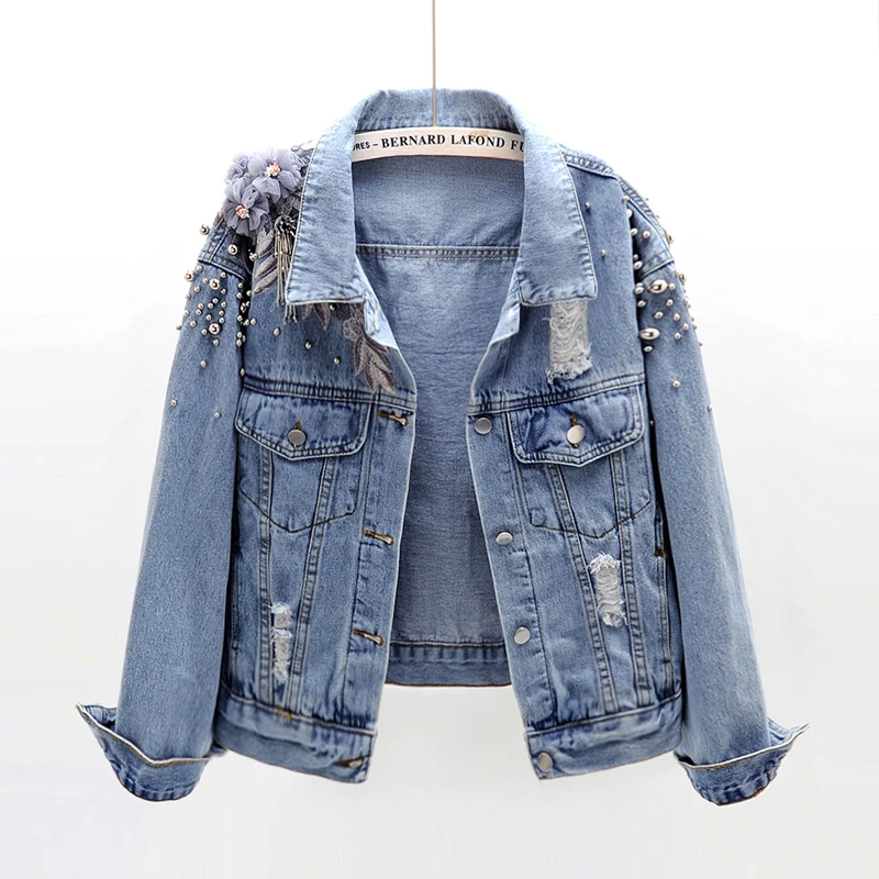 

Spring and Autumn Korean fashion beaded embroidery flower hole denim jacket female short loose jean jacket 1953