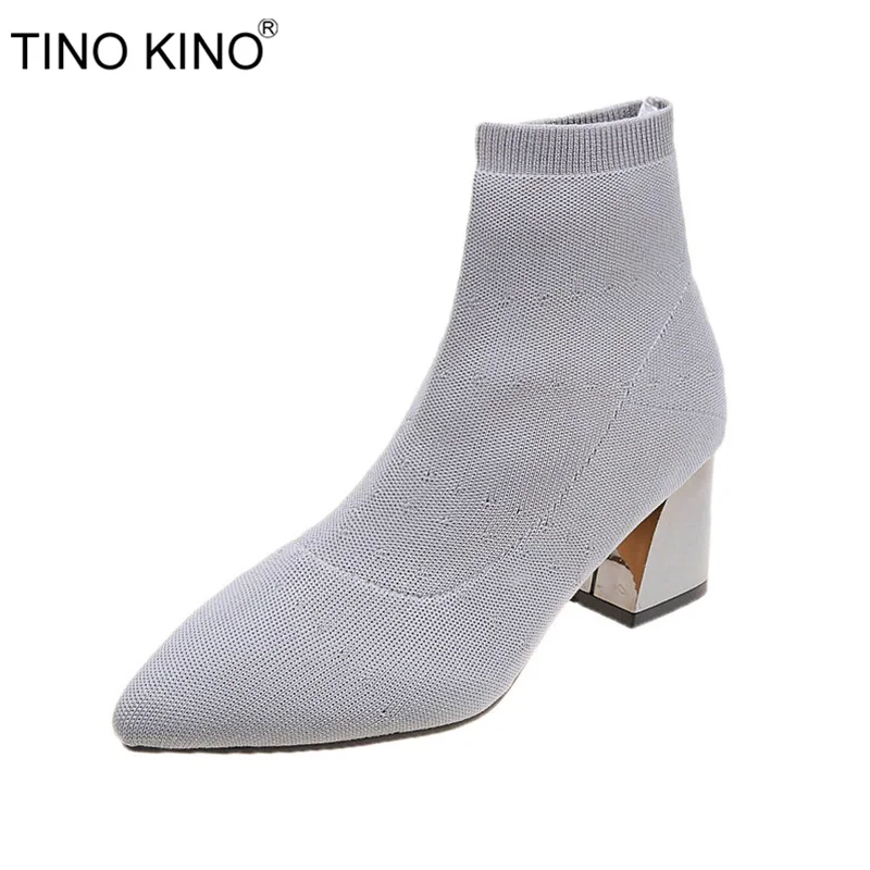 

TINO KINO Women Knitting Elastic Spring Short Sock Boots Female Pointed Toe Ankle Boot Square Mid Heels Ladies Fashion Shoes