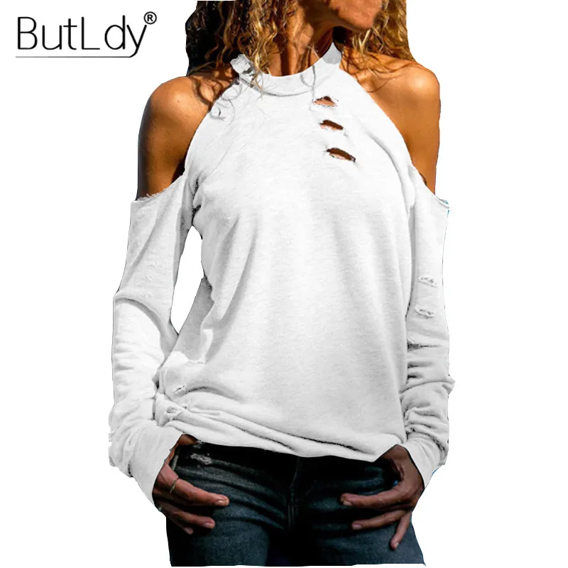 

Off Shoulder Sexy T Shirt Women Hollow Out Long Sleeve T-Shirt Spring Summer Halter Basic Tops 2019 Fashion Hole Tee Shirt