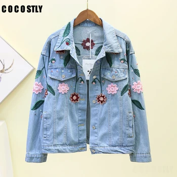 

Women Floral Embroidery Denim Jacket Lady Elegant Single Breasted Slim Jeans Coat Autumn Outwear Basic Denim Jacket