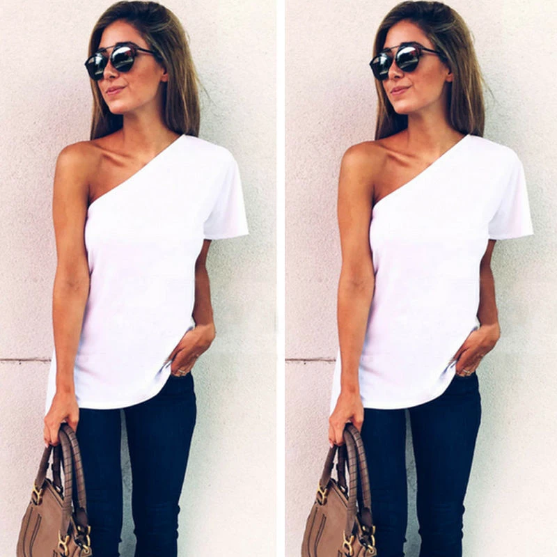 2017 hot Summer t shirt Women Loose One Shoulder Tops Casual White T