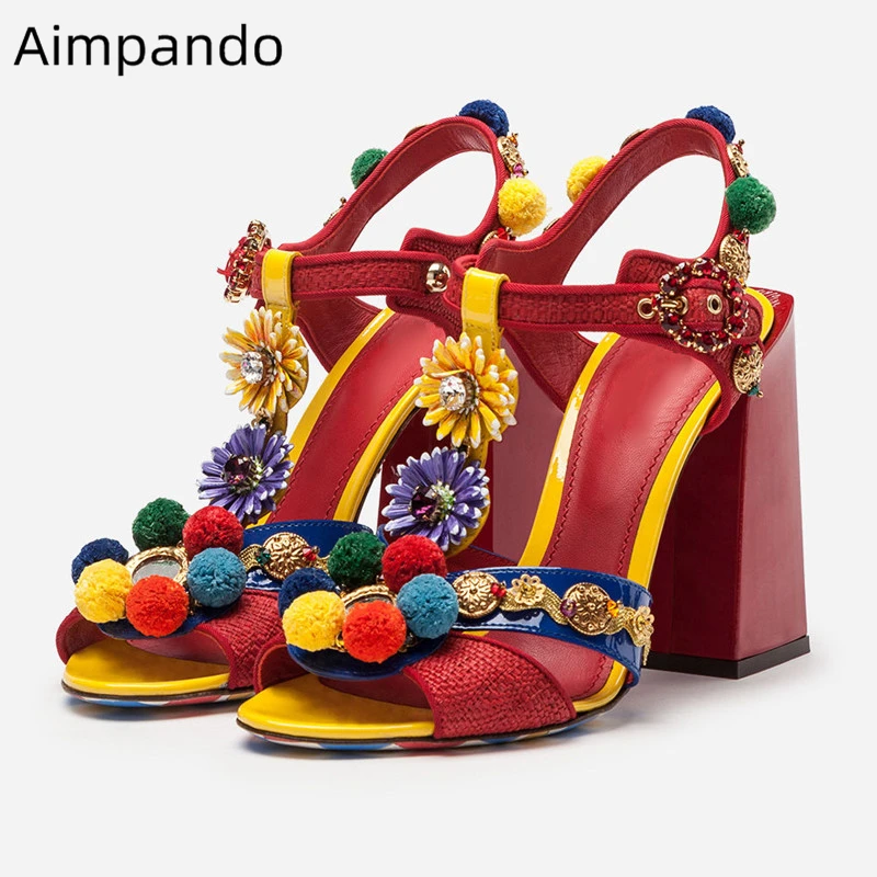 

Bohemian Style Colorful Pompoms Sandalias Mujer 2019 Ankle Strap Sunflower Open Toe Metal Decoration Chunky Heel Summer Shoes