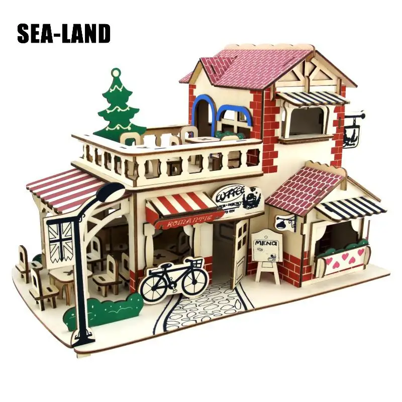 

Wholesale 3D Diy Wooden Puzzles Game Toy For Family Romantic Coffee House Educational Montessori Toy Challenge Wisdom Hobby Gift