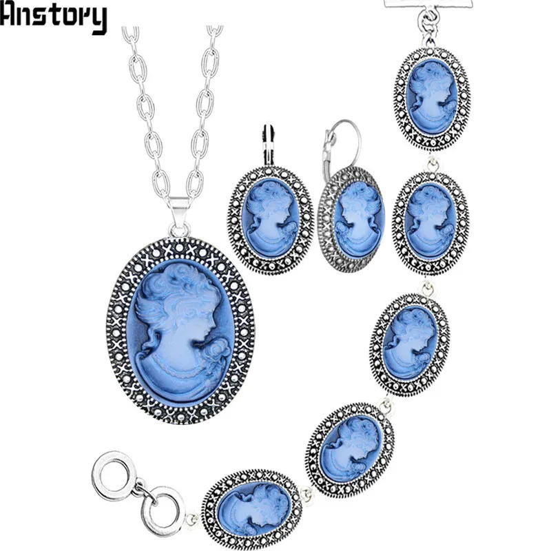 Oval Lady Queen Cameo Jewelry Set Antique Silver Plated Necklace Earrings Bracelet Fashion Jewelry TS419 - Окраска металла: Blue