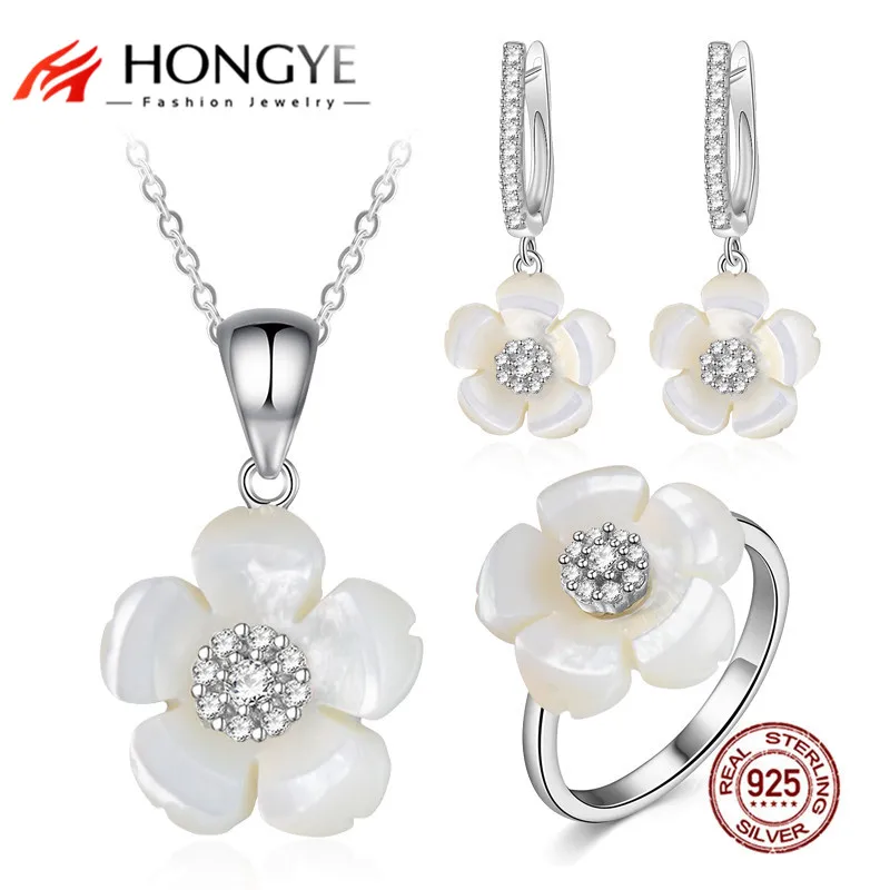 

HONGYE Summer Boho Elegant Shell Fine Jewelry Set 925 Sterling Silver Flower Necklace&Earring&Ring Set for Women Wedding/Party