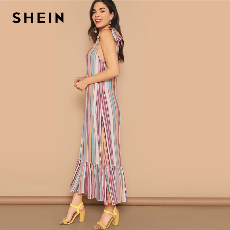 SHEIN Летнее Разноцветное Макси Платье С Круглым Вырезом Без Рукавов Длинное Платье В Полоску
