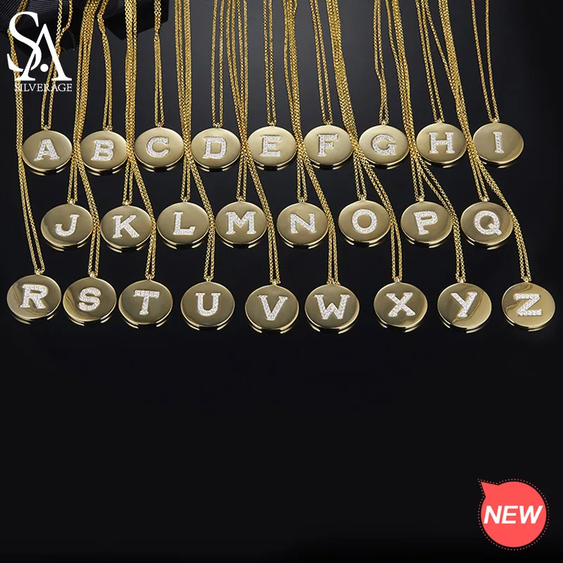 SA SILVERAGE Real 925 Sterling Silver Letter Necklace A-Z English Word Round Pendant Silver Necklace Zircon Gold Color Necklace