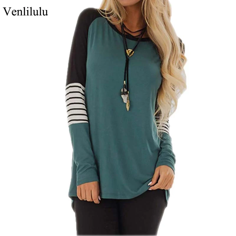 

Venlilulu Tshirt Women Long Female T-shirts Plus Size Loose Striped T Shirts O-Neck Long Sleeve T Shirt for Woman Tops Patchment