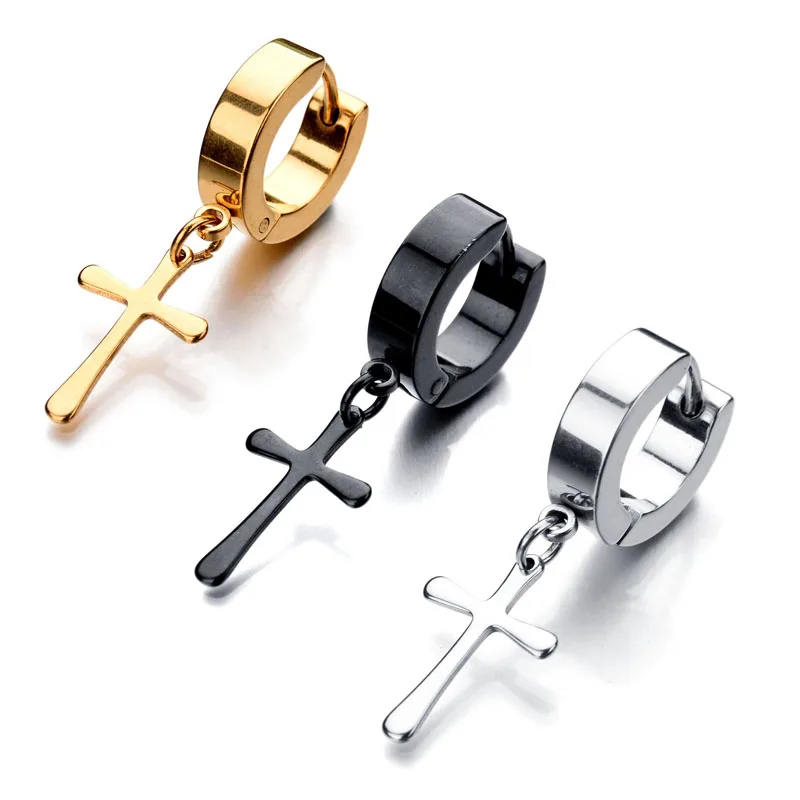 

Fashion Male Jewelry black Curved Round Titanium ear clip 316L Stainless Steel Earrings Women Gift rock cross earring bar silver