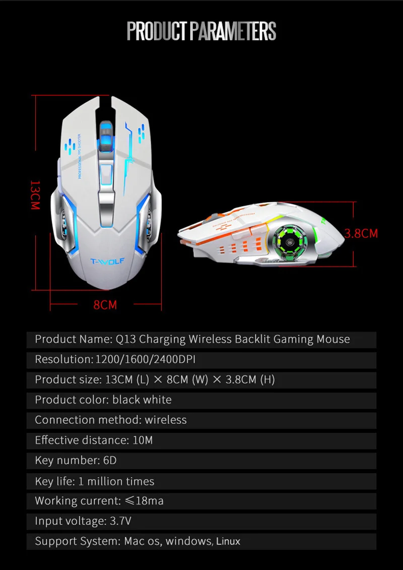 T-WOLF Q13 перезаряжаемая беспроводная мышь Бесшумная эргономичная игровая мышь 6 клавиш RGB подсветка 2400 точек/дюйм для ноутбука компьютера Pro Gamer