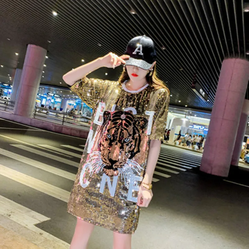 

2019 Women versatile 3D Sequined T-shirts Hip Hop Bling T-shirt Sequins Tiger Tee Sexy Top For Stage Dance Club Party T-shirts