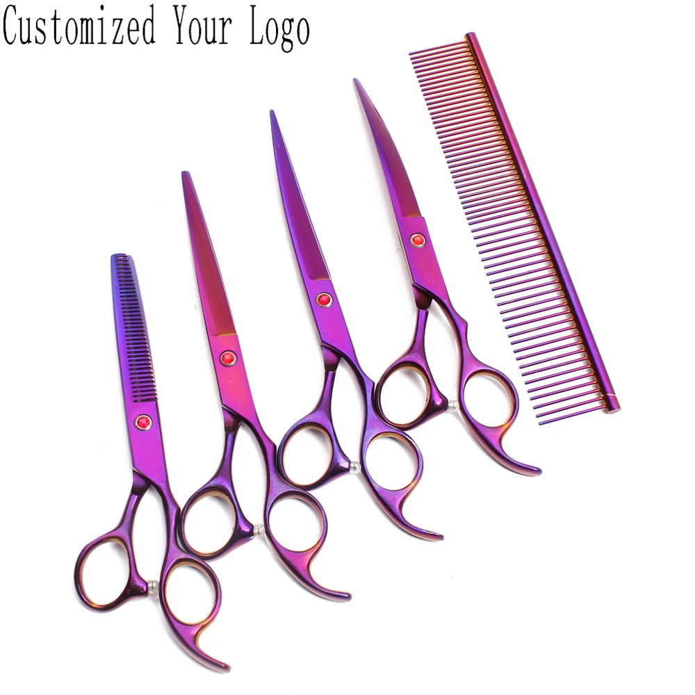 

7" Customize Logo Purple Straight Scissors Thinning Shears Dog Curved Shears Pets Scissors Professional Grooming Scissors C3003