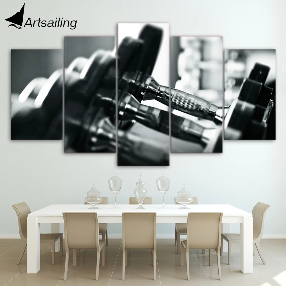 Hd Printed 5 Piece Canvas Art Dumbells Fitness Equipment Painting Wall