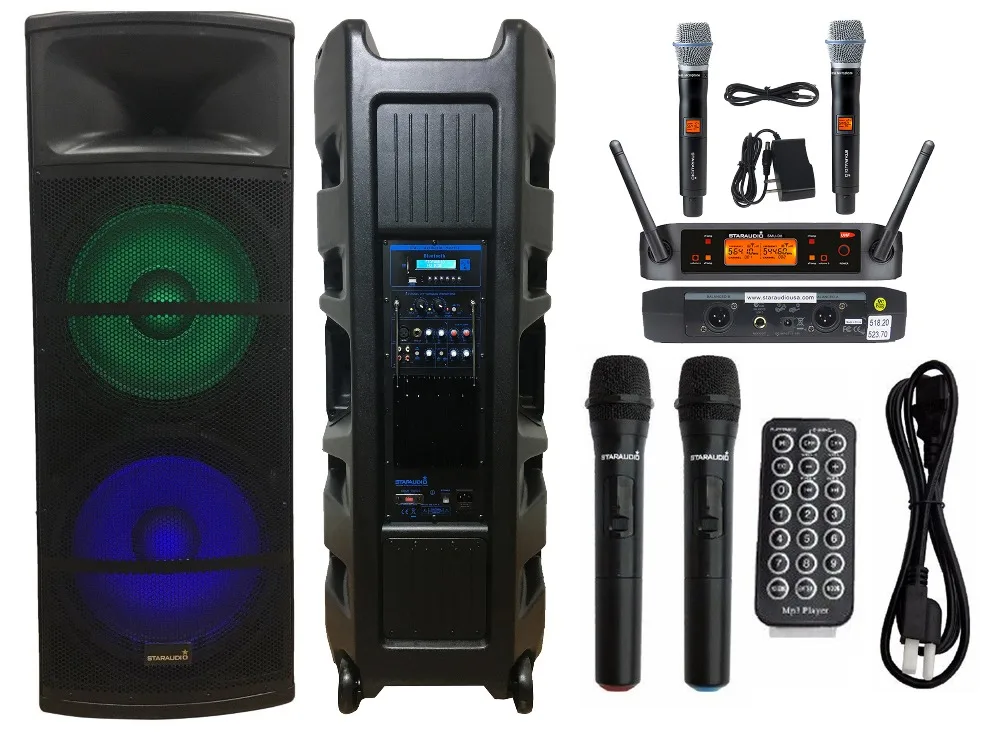 

STARAUDIO Dual 15 Inch 5000W RGB Light Speaker Active DJ PA Powered KTV Speaker 2CH UHF Wireless Handheld Microphone SDMN-15RGB