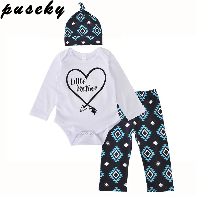 Puseky/брендовая одежда для маленьких братишек, комбинезон с длинными рукавами и сердечками, топы + клетчатые штаны, шапка, комплект одежды из 3