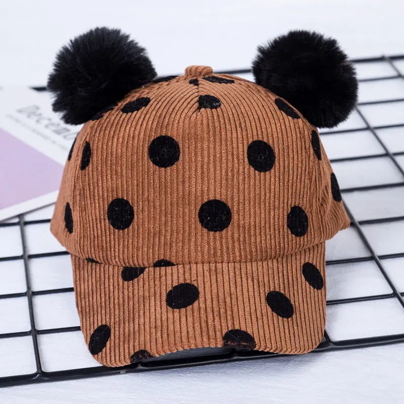 Dots Baby Baseball Hat Toddler Boy Girl Visor Cap Wide Brim Children Pompom Cap Corduroy Warm Fabrics Adjustable Size Infant Hat (5)