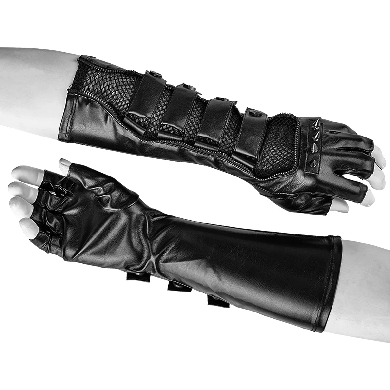 Punk Winter Men "Bound Shouting" Long Gloves Black Leather Arm Warmer