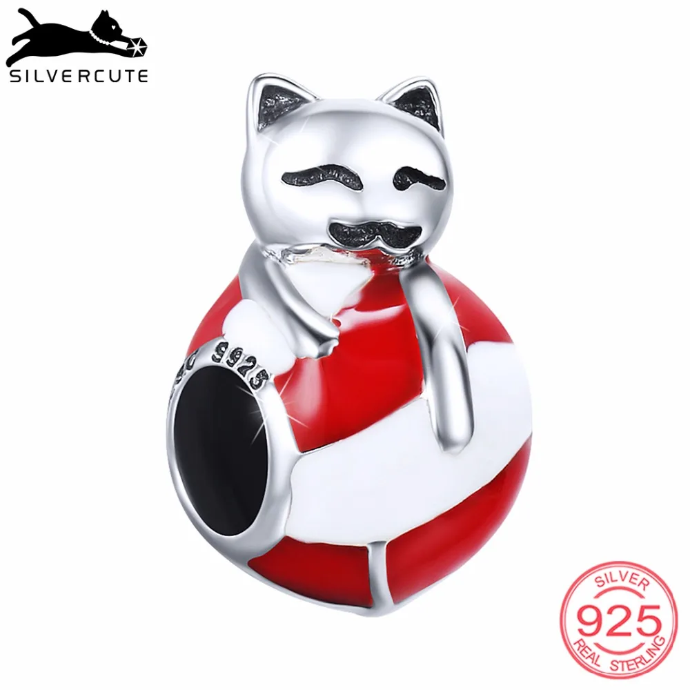 

SILVERCUTE Cat Playing Ball Charm Pendant For Jewelry Making 925 Sterling Silver /Enamel Cute Kitty Bead Fit Bracelet SCD6166G