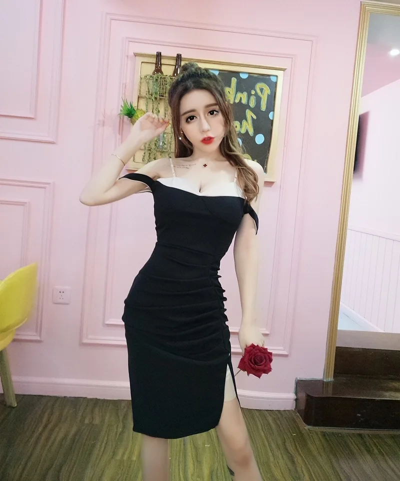 2018 New Arrivals Summer Women sexy Brassiere  strapless  A word collar  fold  Forking Paty  Dress Free Shipping