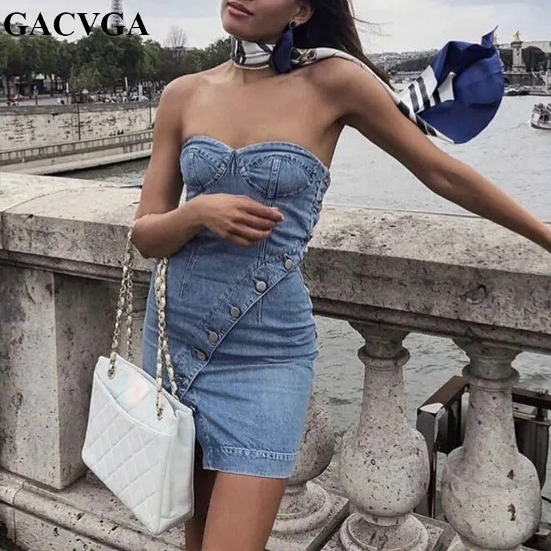 

GACVGA 2019 Strapless Denim Dress Women Elegant Summer Dress Sexy Party Jeans Dress Bodycon Dresses Casual Club Wear Vestido