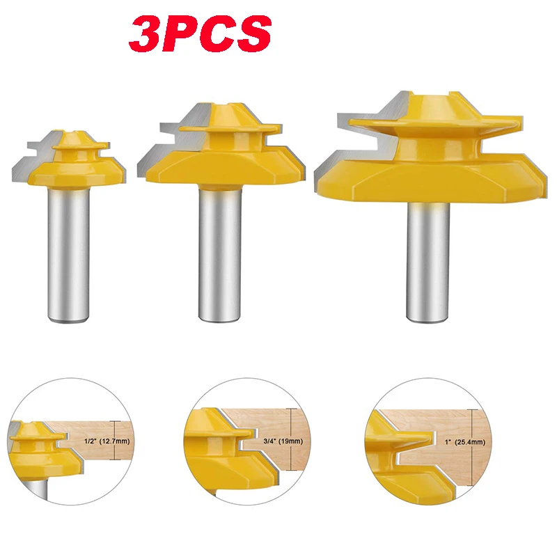 

Hot Sale 3Pcs 1/2 inch Shank Lock Miter Glue Joint Router Bit 45 Degree Woodwork Cutter Set Groove Router Bit Milling Cutter