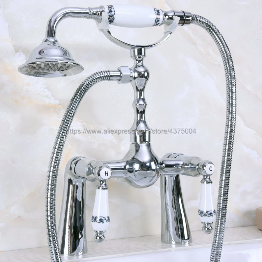 Polished Chrome Deck Mounted Bathroom Faucet Bath Tub Mixer Tap With Ceramic Handle Hand Shower Head Shower Faucet Sets Nna116