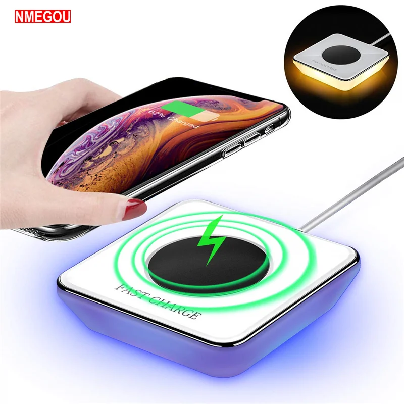 

Fast QI Wireless Charger Pad with LED Night Light 10W 2 In 1 Vibration Sensing for IPhone X XR Samsung S9 S10 Induction Charging