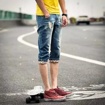 

HOT 2020 Fashion Summer Jeans men's casual Moustache Effect Calf Length Pants Hole Ripped Jeans Men Skinny boys Light Blue Capri
