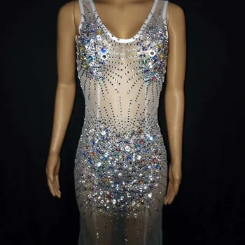 

Colorful Rhinestones Perspective Sleeveless Long Dress Women Nightclub Bar Party Prom Crystals Costume Sexy See-through Dress