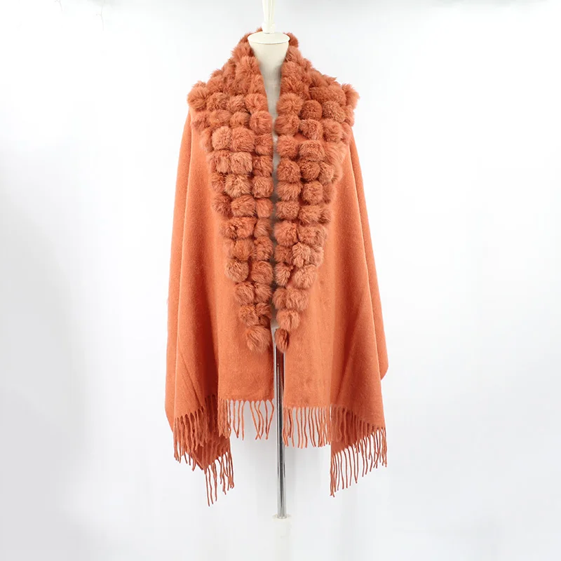 100% sheep fur cashmere shawl with real rabbit fur balls (11)