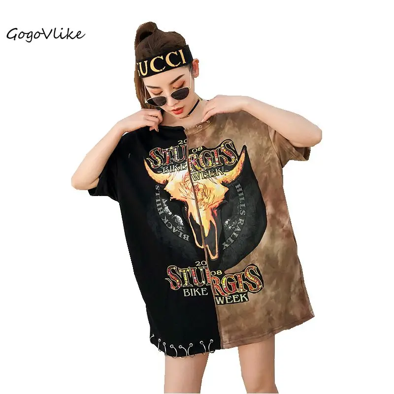

Punk Clothing 2018 woman Bones Print Top Tees Patchwork tee shirt Hip Hop clothes Short sleeve Plus Size Rock LT389S30