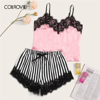 

COLROVIE Eyelash Lace Satin Cami With Striped Shorts Women Pijamas Sexy Sleepwear Set 2019 Summer Ladies Shorts Set Nightwear