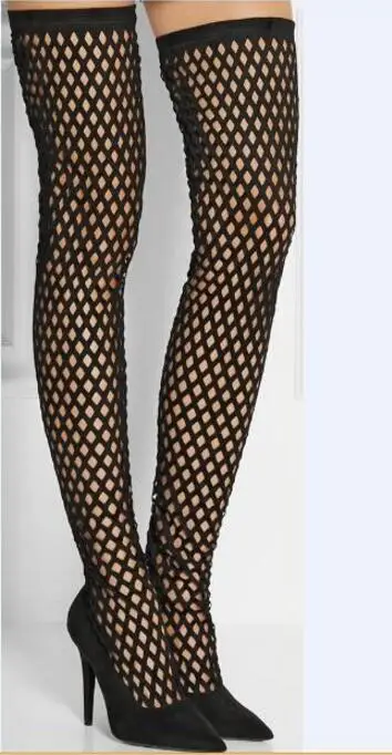 Европейский стиль sexy black Mesh вырез бедро высокие сапоги супер тонкие каблуки