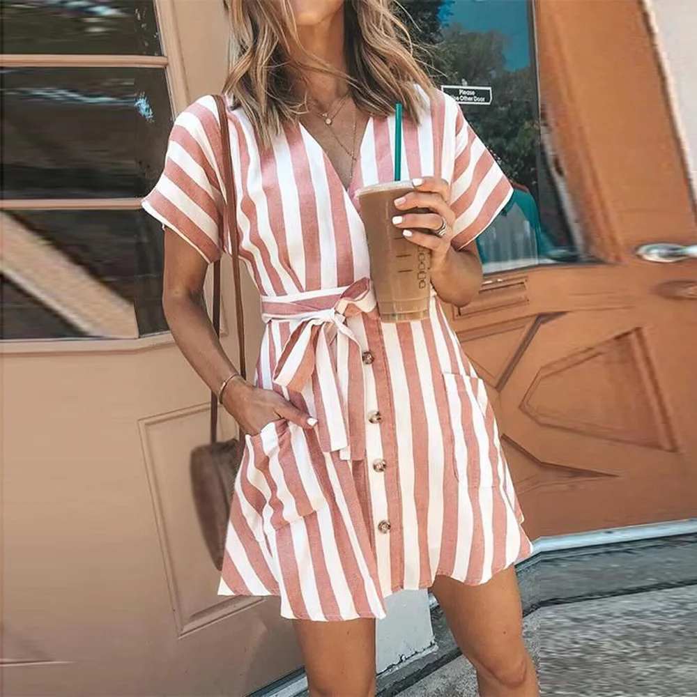 

Elegant Women's Dress Chiffon Deep V-Neck Ladies Dresses Fashion Striped Work Office Casual Above Knee Dress