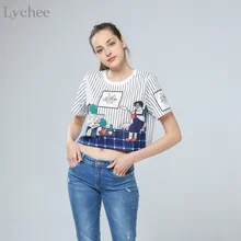 Летний женский укороченный топ Lychee в стиле Харадзюку, Повседневная Свободная футболка в полоску с коротким рукавом, футболка, топ